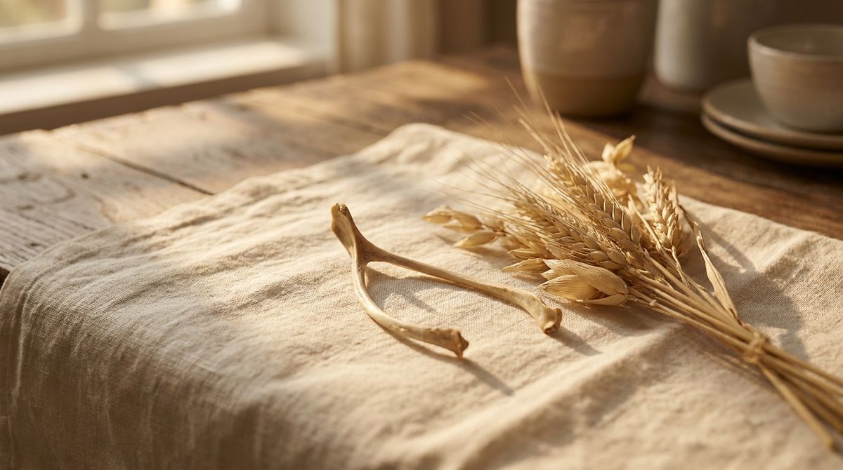 A dried wishbone beside a sprig of wheat on cream linen in warm golden light — the Thanksgiving wishbone tradition