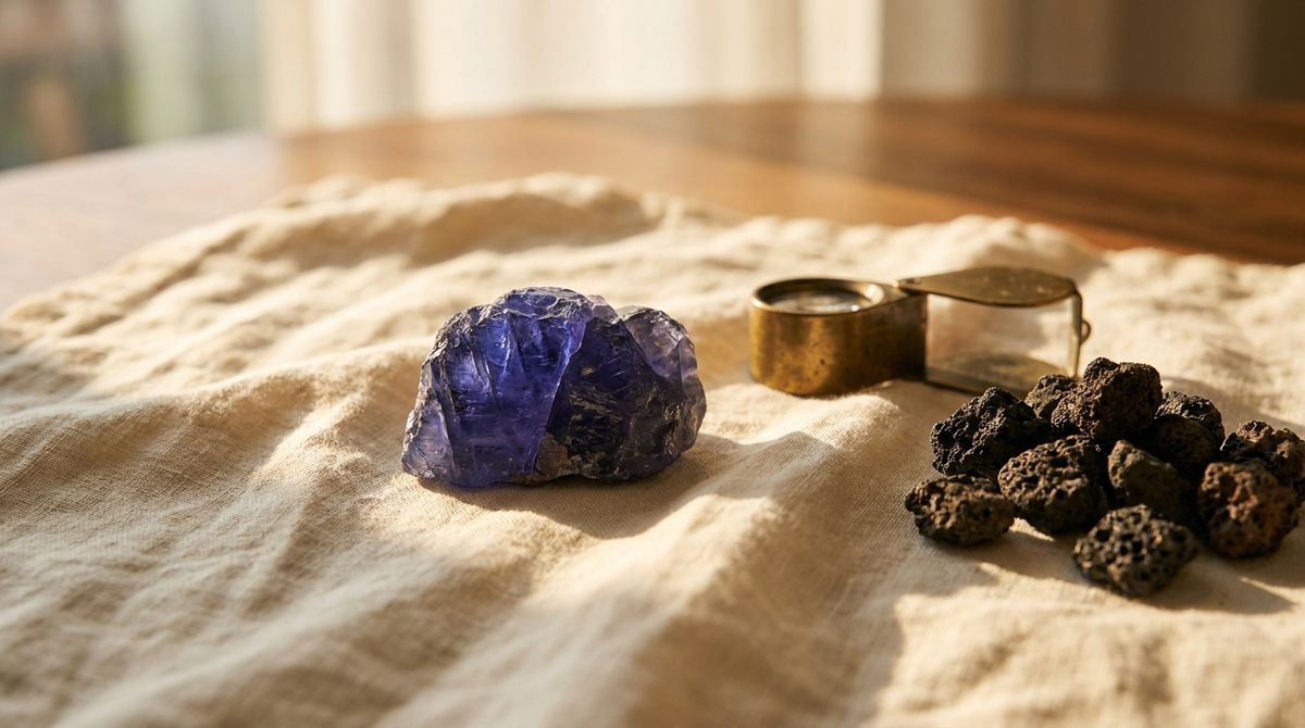 A raw blue-violet tanzanite crystal on linen beside a geologist's loupe