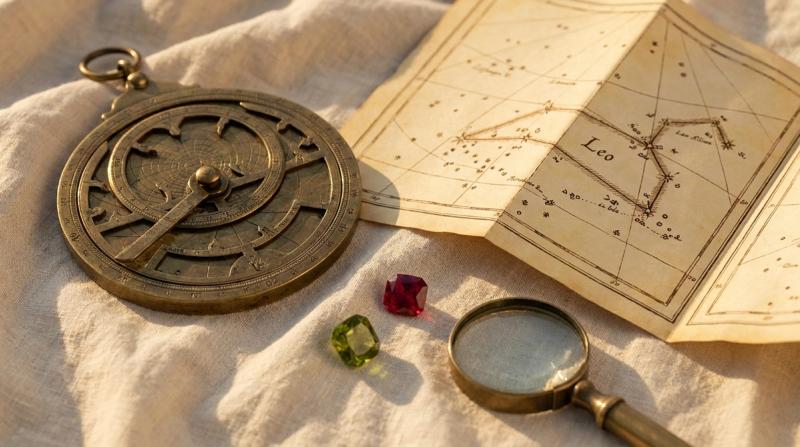 An antique brass astrolabe beside a hand-drawn star chart open to the Leo constellation, with a loose faceted ruby and a loose faceted peridot gemstone and a vintage magnifying glass on natural linen, symbolizing the lion zodiac sign and its calendar birthstones