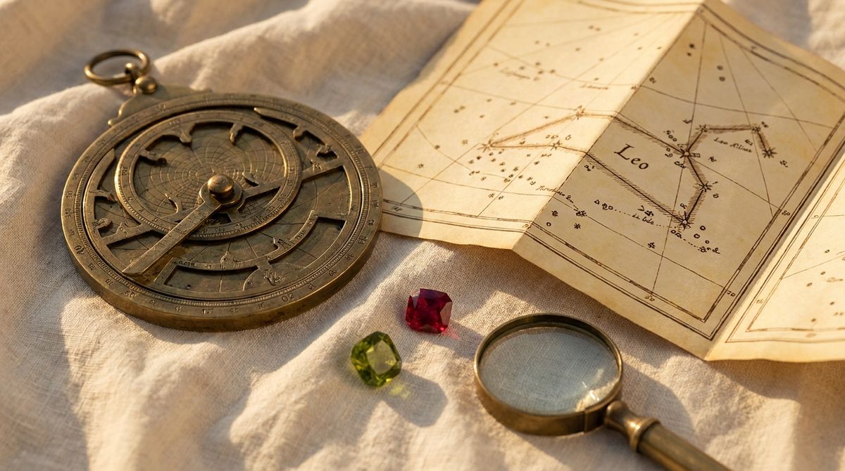 An antique brass astrolabe beside a hand-drawn star chart open to the Leo constellation, with a loose faceted ruby and a loose faceted peridot gemstone and a vintage magnifying glass on natural linen, symbolizing the lion zodiac sign and its calendar birthstones