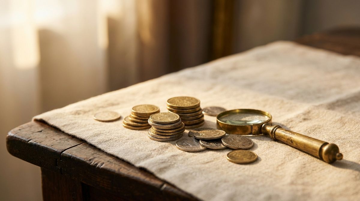 Antique gold-toned and silver-toned coins stacked and scattered on natural linen beside a small brass magnifying glass, warm golden-hour light