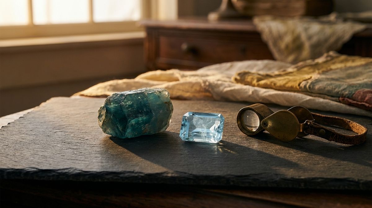 A raw blue-green aquamarine crystal and a cut pale-blue topaz gemstone resting beside a brass jeweler's loupe on a dark slate surface