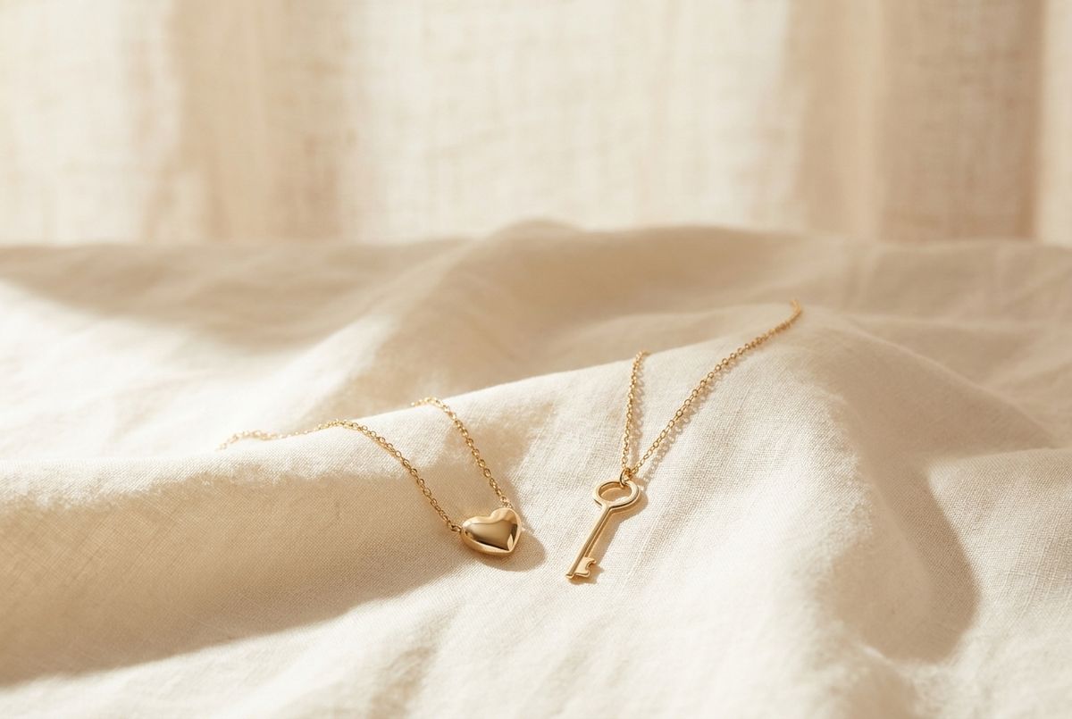 A gold heart pendant and a gold key pendant lying side by side on ivory linen