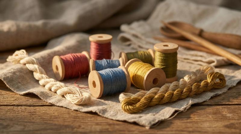 Colorful embroidery floss spools and braided thread strands on linen, evoking friendship bracelet making