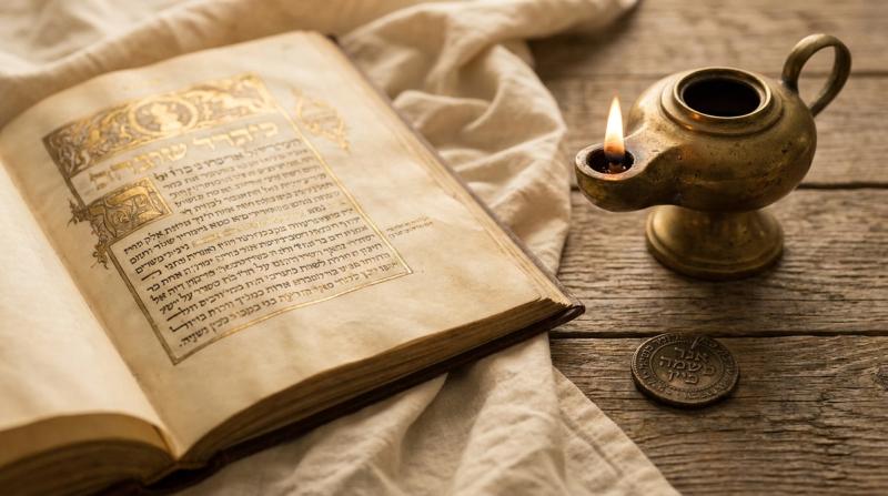 Antique illuminated Hebrew manuscript, brass oil lamp and inscribed coin on linen and wood