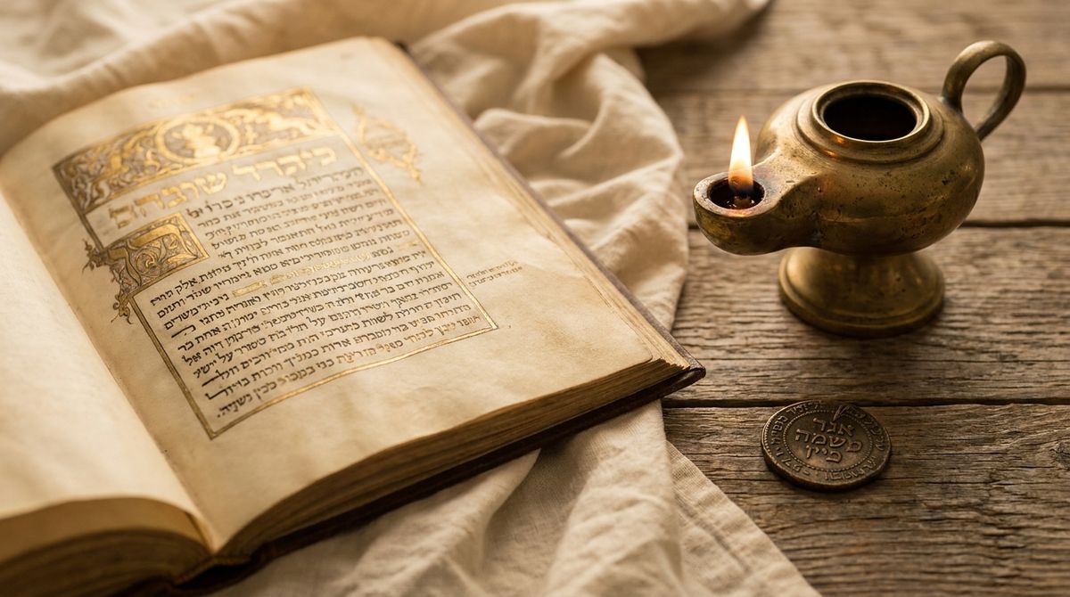 Antique illuminated Hebrew manuscript, brass oil lamp and inscribed coin on linen and wood