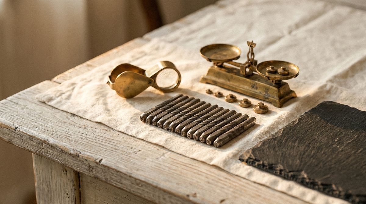 Antique brass jeweller's loupe, a row of steel hallmark punch stamps and a small assay balance on cream linen
