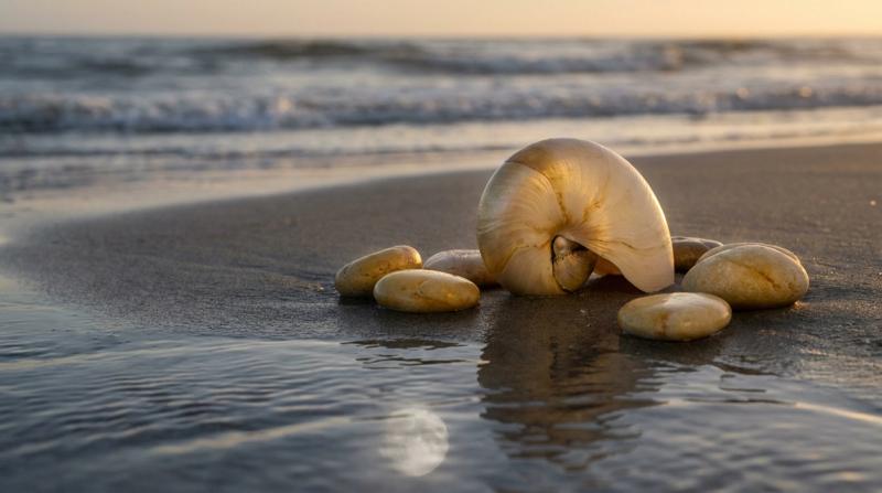 A spiral nautilus shell and smooth ocean stones on wet sand at dusk, evoking Cancer’s Moon-ruled, water-sign symbolism