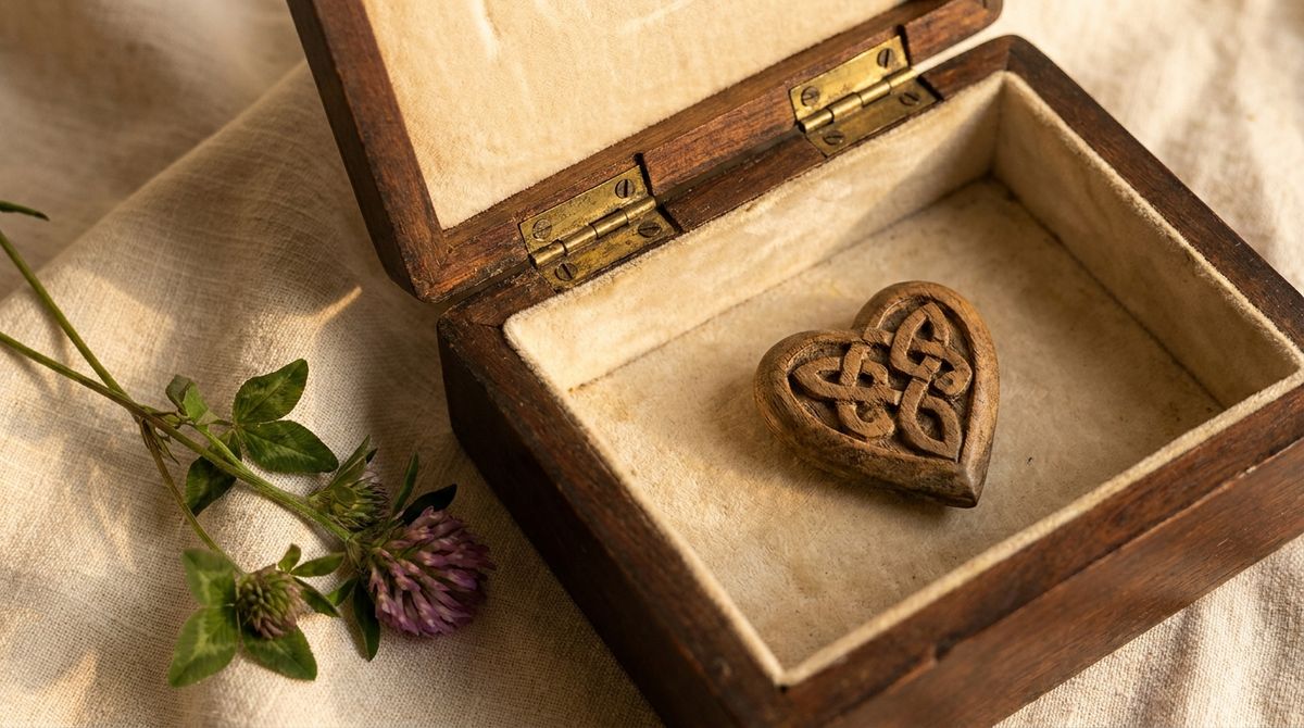 Antique wooden trinket box holding a carved Celtic-knot heart and a sprig of clover, evoking Irish heritage