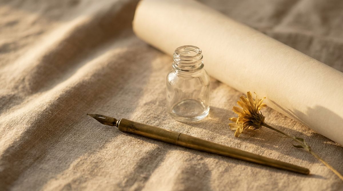 Antique brass dip pen, plain glass ink bottle, and curled blank parchment paper on warm linen, evoking handwritten cursive script