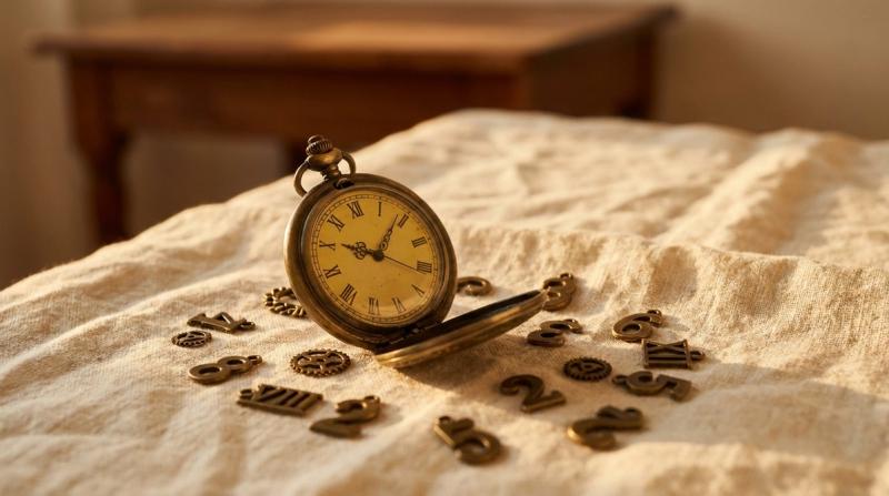 Antique brass pocket watch surrounded by scattered loose brass numeral charms on warm linen