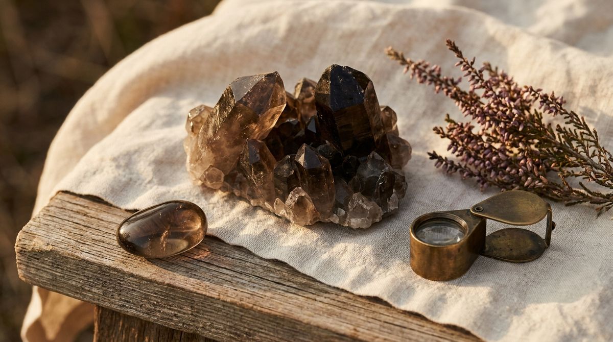 Raw smoky quartz crystal cluster with a tumbled polished smoky quartz stone on dark aged wood and natural linen, beside a brass geologist loupe and dried heather sprigs, warm golden-hour light