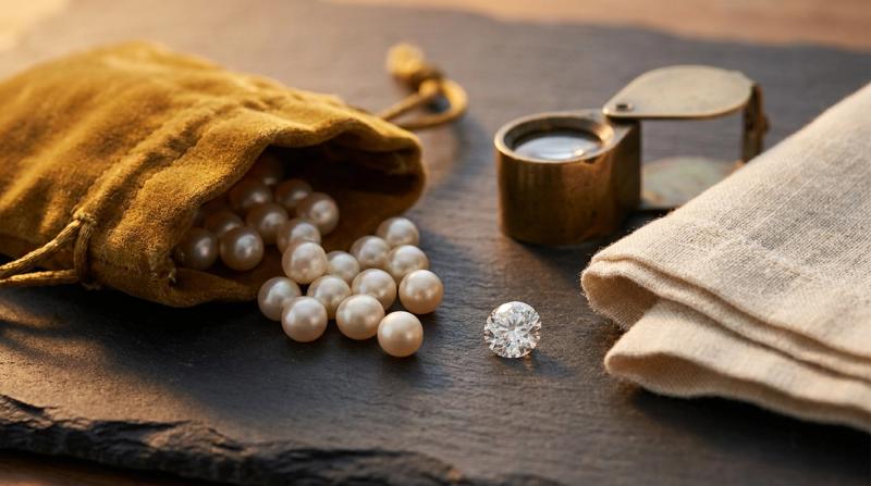 Loose cultured pearls and a round brilliant-cut diamond on dark slate beside an antique jeweler's loupe and a cream linen cloth, warm golden-hour light