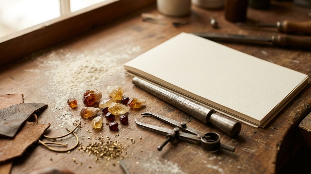 jeweler's design desk with sketchpad, calipers, ring mandrel and raw gemstone crystals for a custom engagement ring