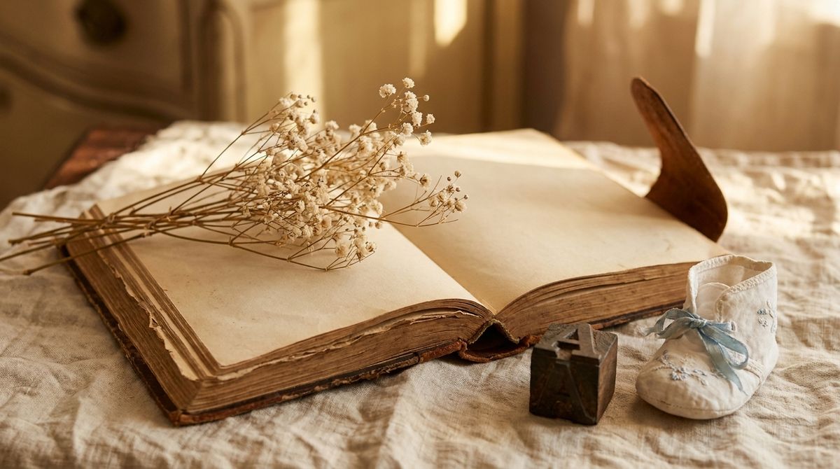 A worn vintage leather-bound baby book open on cream linen with dried baby's breath flowers, a carved wooden alphabet block, and an antique embroidered cotton bootie, warm golden-hour light