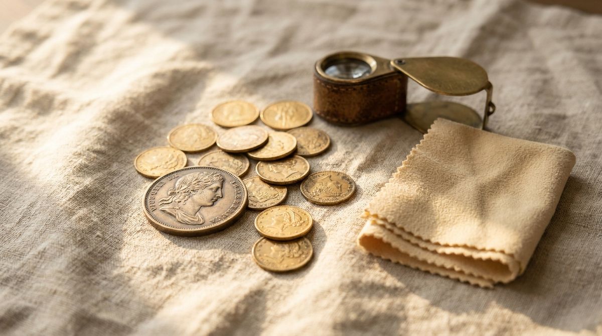 Antique gold coins and a round embossed medallion scattered on natural linen beside a jeweler's loupe and a folded polishing cloth