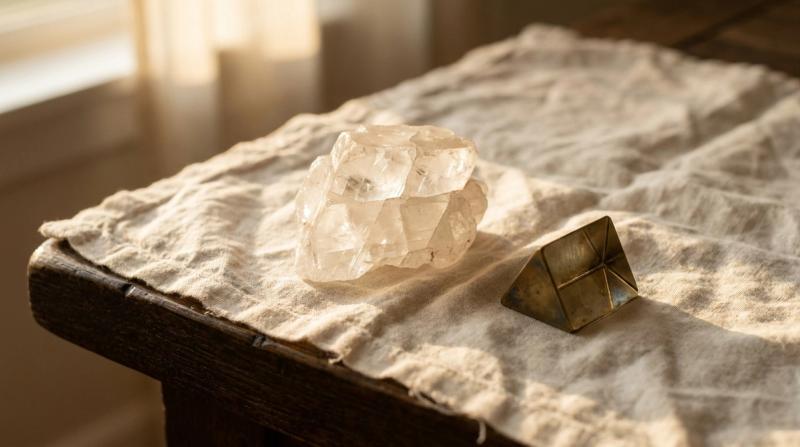 A raw translucent rhombohedron cluster of clear optical calcite (Iceland spar) beside a small brass prism on linen