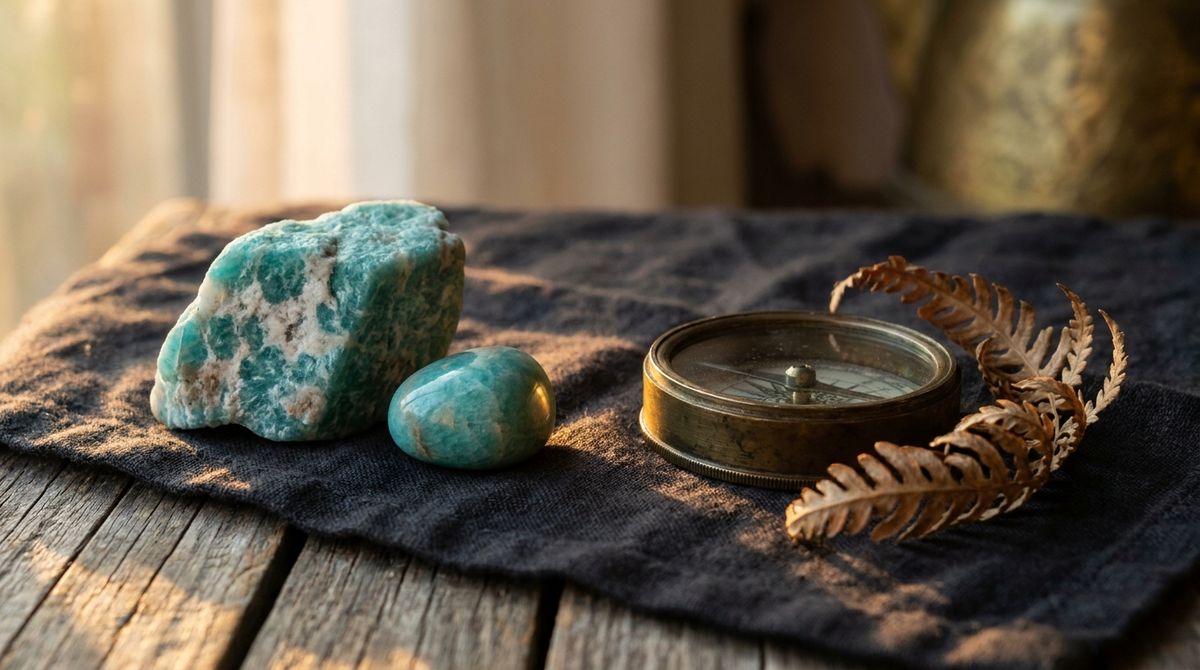 Raw rough-cut amazonite stone with white mottled feldspar texture beside a smaller tumbled polished amazonite pebble, next to an antique brass compass and a dried fern frond on dark linen