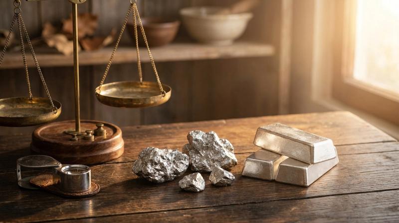Raw silver ore nuggets and polished silver bars beside an antique brass balance scale and jeweler's loupe on a dark wood table, editorial still-life cover photograph