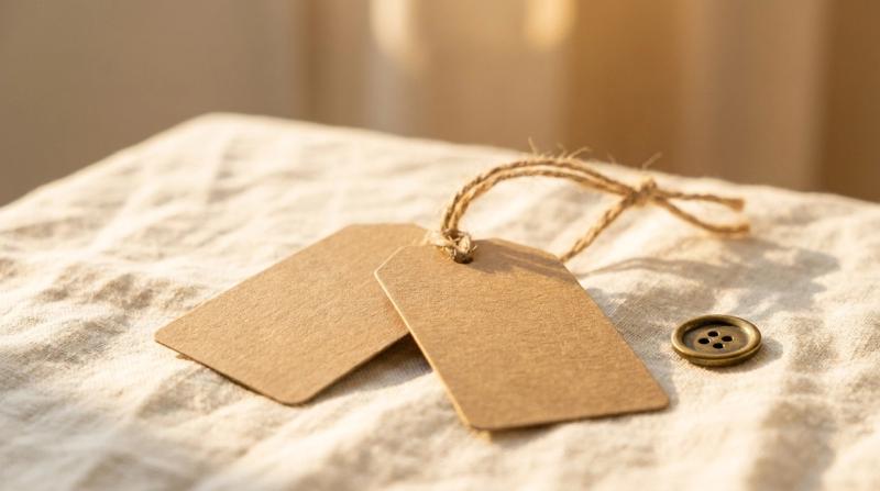 Two blank kraft-paper luggage tags tied together with twine on warm linen