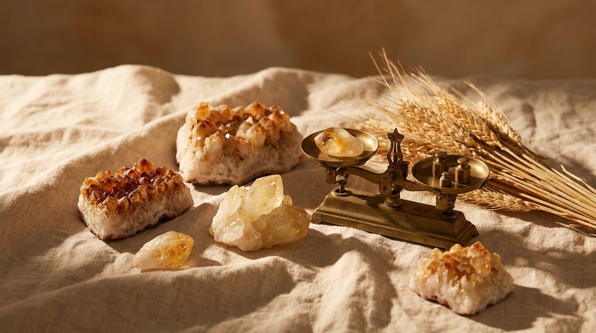 Raw and polished citrine crystal clusters in warm lemon-to-amber tones on natural linen beside an antique brass balance scale and dried wheat stalks, golden-hour light