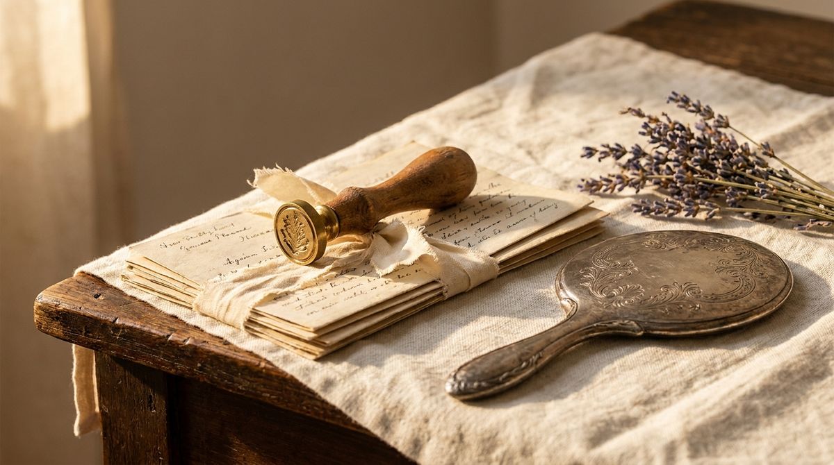 Antique wax-seal stamp, tied bundles of handwritten letters and an engraved hand mirror on linen, evoking a family name passed down