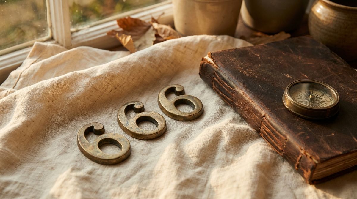 Three weathered brass number figurines spelling 666, arranged on cream linen beside a leather-bound journal and an antique compass