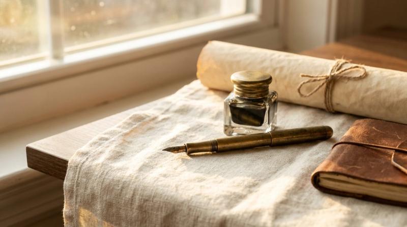 Antique brass fountain pen and inkwell beside a rolled blank parchment scroll and a leather-bound notebook on warm linen, editorial still life