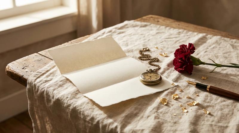 Folded ivory paper, an antique gold pocket watch, loose gold leaf, a fountain pen, and a dark red carnation on linen — symbols of a first wedding anniversary's paper and gold gift traditions.