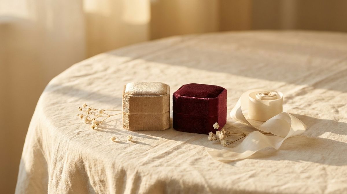 Two closed velvet ring boxes, champagne-gold and deep burgundy, beside ivory ribbon and dried baby's-breath on cream linen in golden-hour light