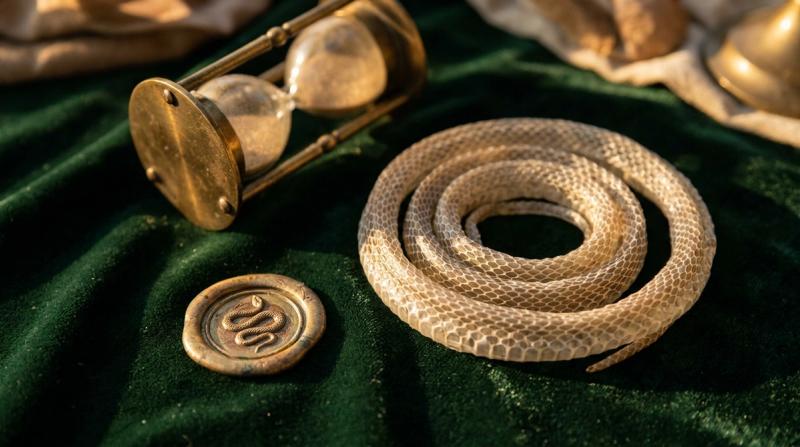 A naturally shed snake skin coiled on dark velvet beside an antique wax seal stamped with a serpent and a small brass hourglass, symbolizing transformation and eternal time