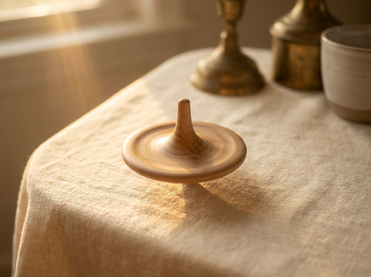 A small wooden spinning top mid-spin on warm linen, golden-hour light