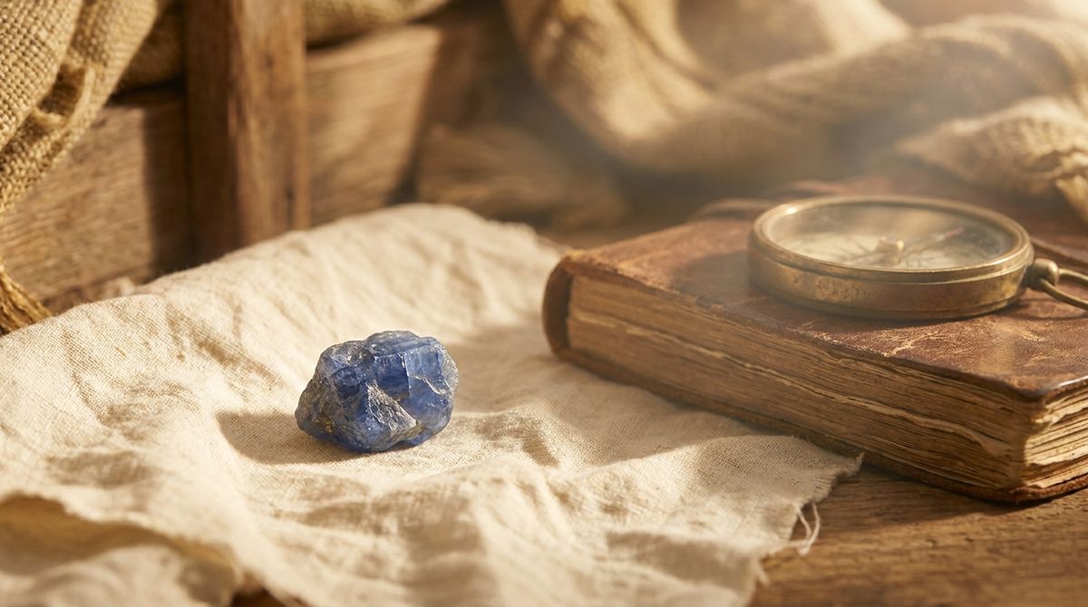 A raw blue sapphire crystal on linen beside a leather journal and brass compass