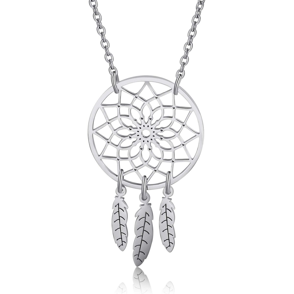 A silver dream catcher necklace with woven web and feather details, handcrafted by FARUZO