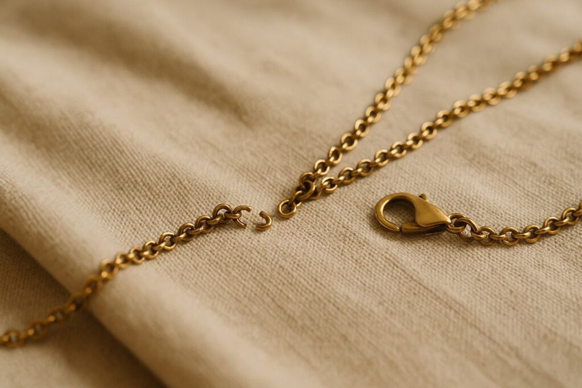 broken_gold_necklace_chain_on_beige_fabric