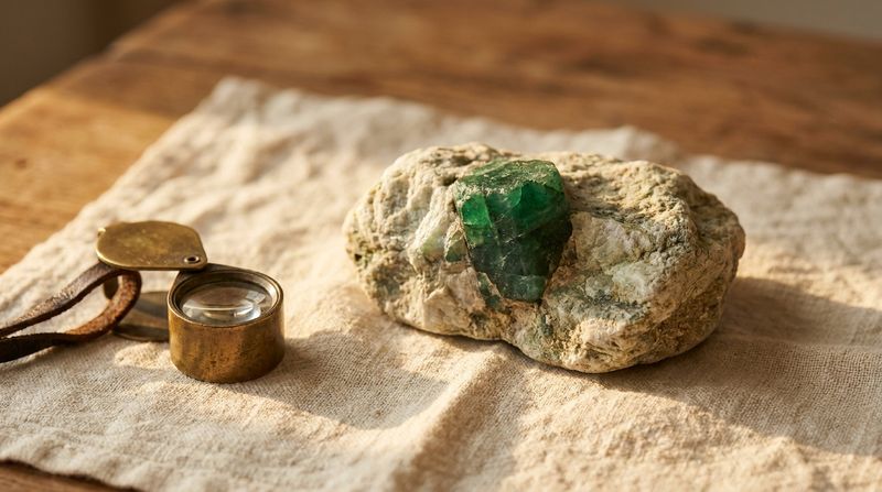 A raw emerald crystal in host rock matrix beside a brass magnifying loupe on linen