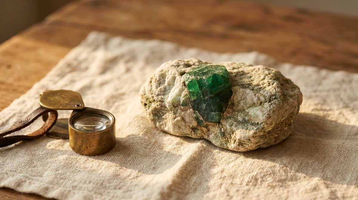 A raw emerald crystal in host rock matrix beside a brass magnifying loupe on linen