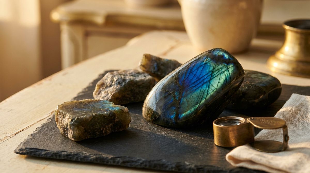 Raw and tumbled labradorite stones on dark slate flashing iridescent blue and green labradorescence, beside a small brass geologist's loupe and folded linen cloth, warm golden-hour light