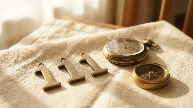 Three loose brass numeral-1 charms arranged in a row on linen beside an antique pocket watch and compass, evoking the 111 angel number