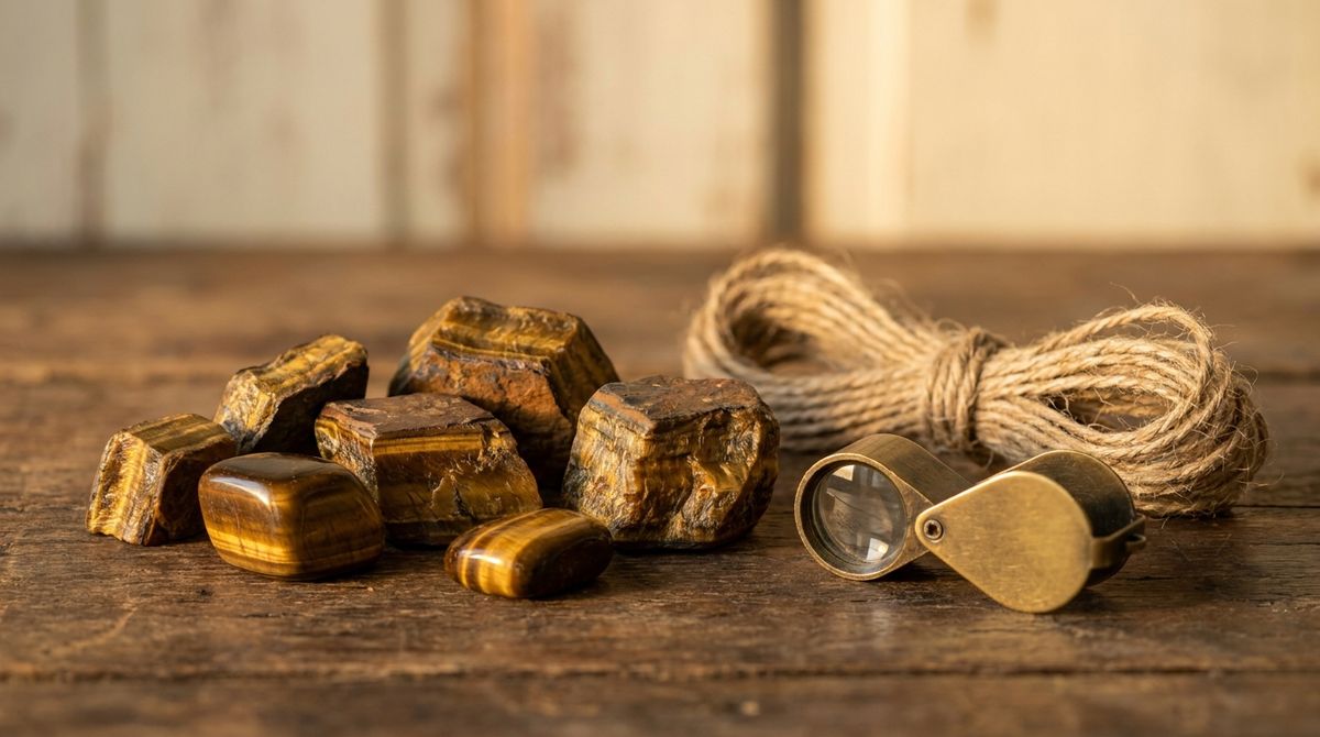 Raw and polished golden tiger's eye stones showing chatoyant banded light bands, beside a small brass geologist's loupe and coiled hemp twine on dark wood
