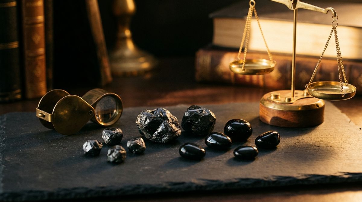 Raw black diamond crystals and polished black stones on dark slate beside a brass jeweler's loupe and an antique balance scale, warm golden-hour light