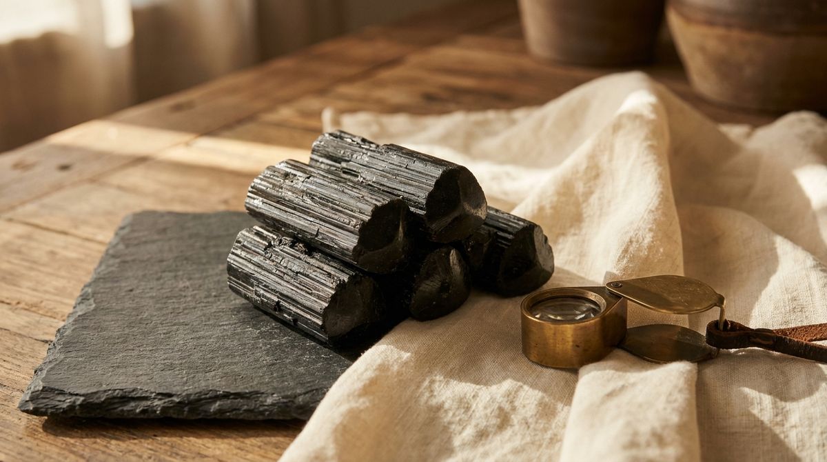 Raw black tourmaline (schorl) crystal cluster with striated black prisms on dark slate and linen beside a brass geologist loupe, warm golden-hour light
