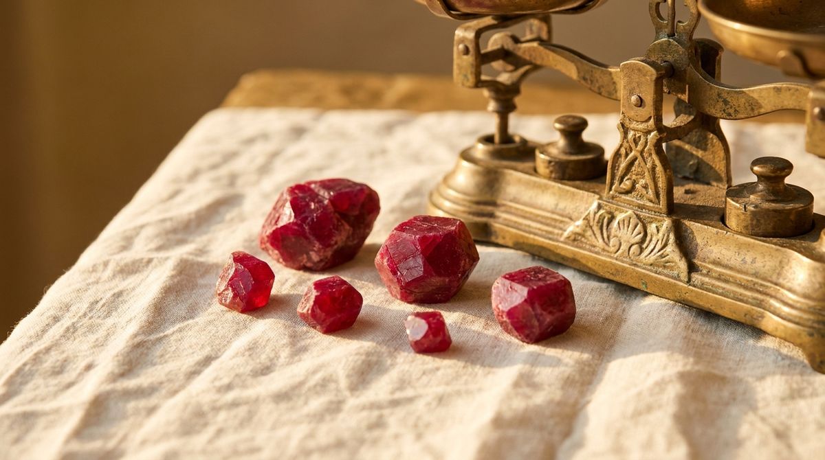 Loose rough red ruby crystals on linen beside an antique brass scale