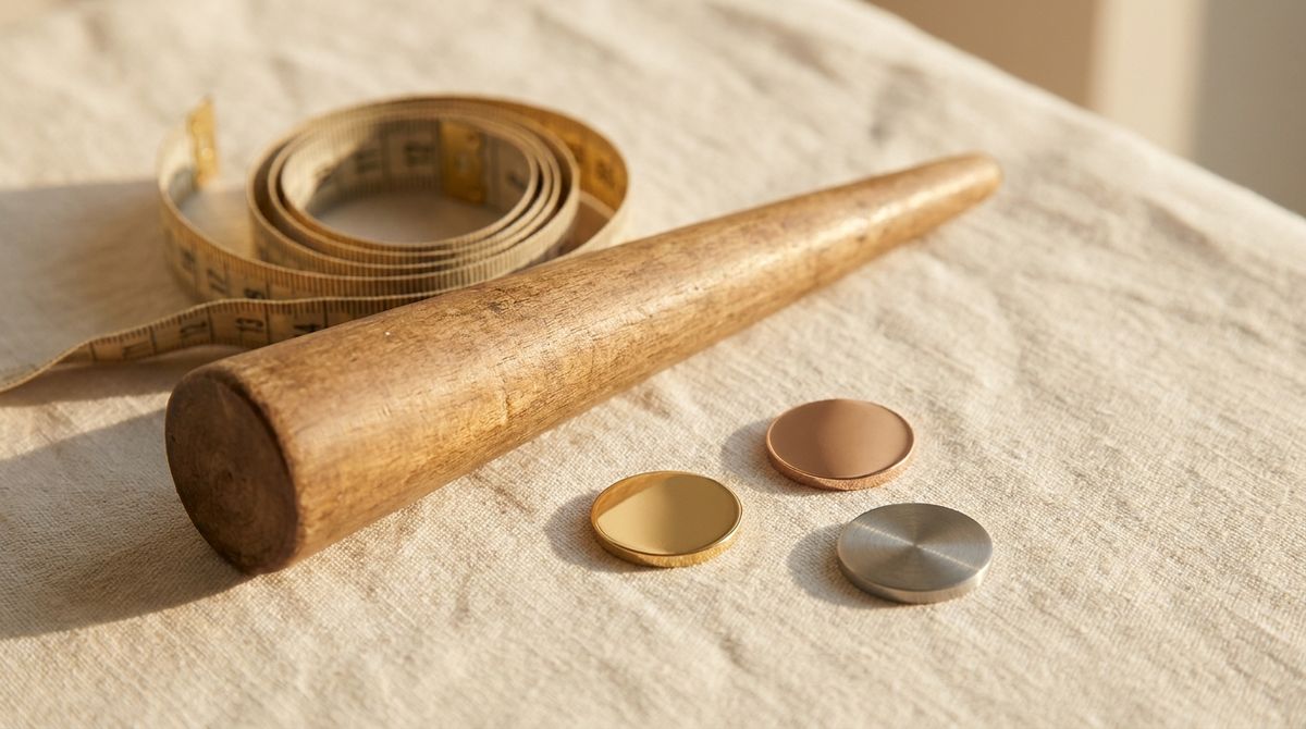 Bracelet sizing mandrel, coiled measuring tape and gold, rose-gold and silver-tone metal discs, evoking bangle, bracelet and cuff sizing