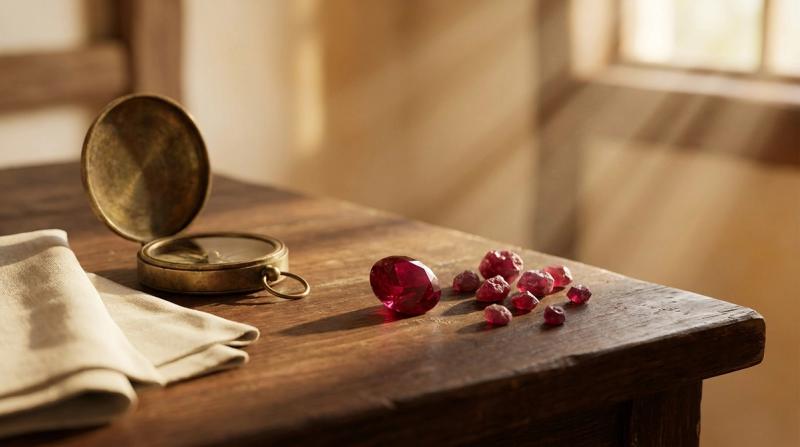 A faceted ruby gemstone and scattered rough ruby crystals on dark aged wood beside an antique brass compass and cream linen, warm golden-hour light