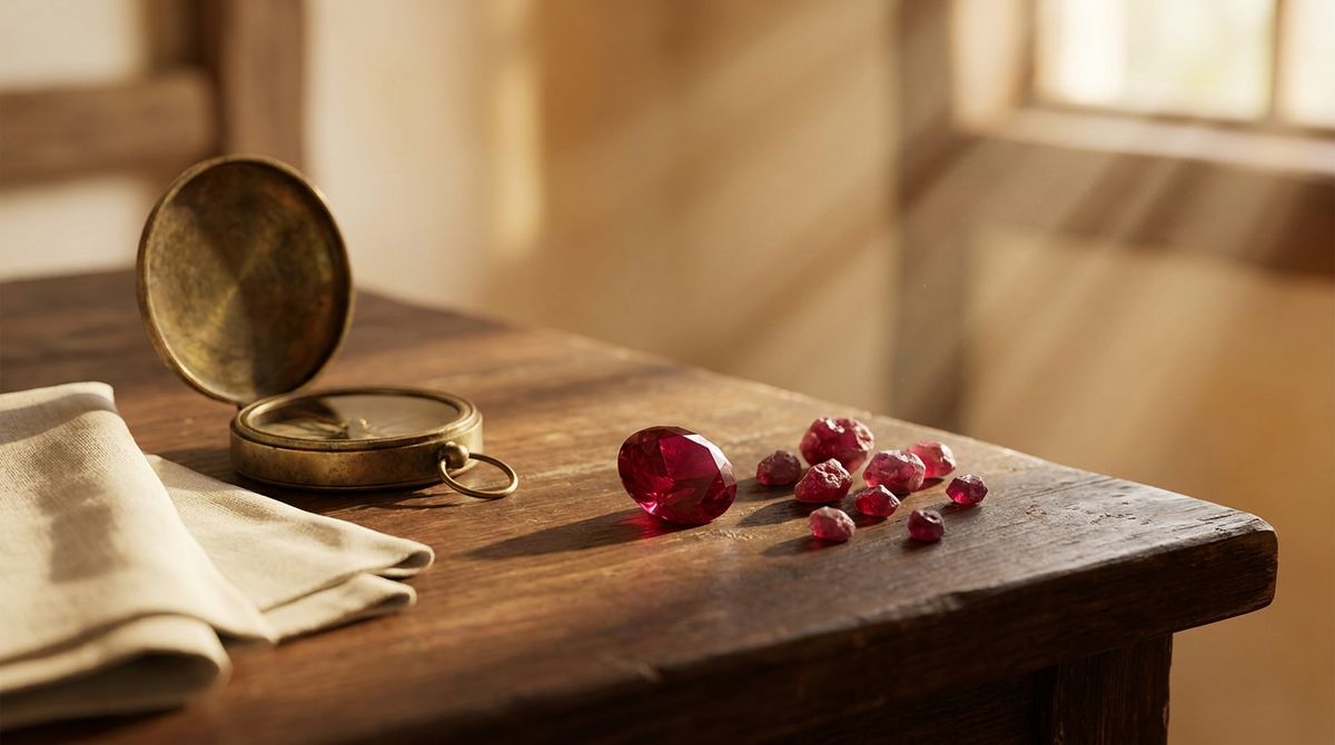 A faceted ruby gemstone and scattered rough ruby crystals on dark aged wood beside an antique brass compass and cream linen, warm golden-hour light