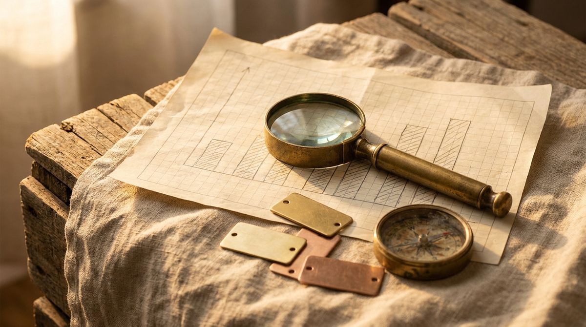 Editorial still life of a brass magnifying loupe over a hand-drawn bar chart on graph paper, with loose blank engravable metal tags and a compass on linen and wood -- symbolizing search-demand research into personalized jewelry trends