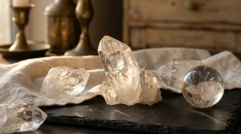 Raw natural clear quartz crystal points and a polished clear quartz sphere on dark slate with linen, warm light catching rainbow refractions inside the crystals