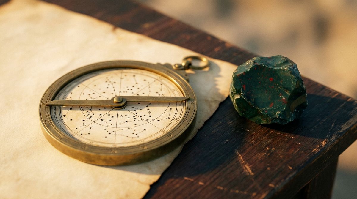 Antique brass astrolabe with a star chart and a raw piece of dark green bloodstone flecked with red, resting on aged parchment and dark wood in golden-hour light