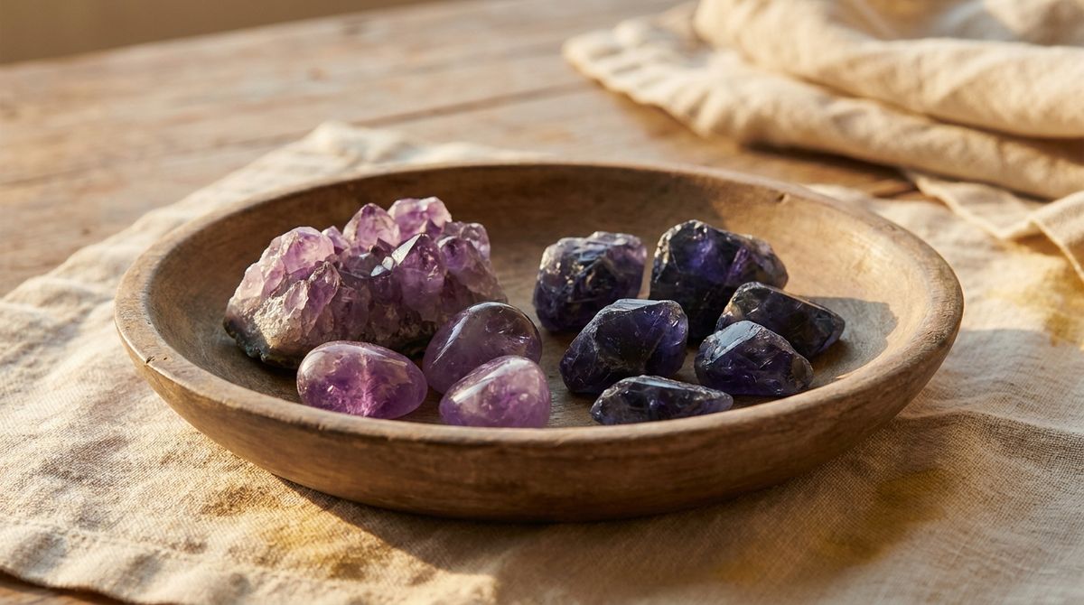 Raw and tumbled purple amethyst crystals beside raw and tumbled blue-violet iolite crystals in a wooden bowl, for side-by-side comparison